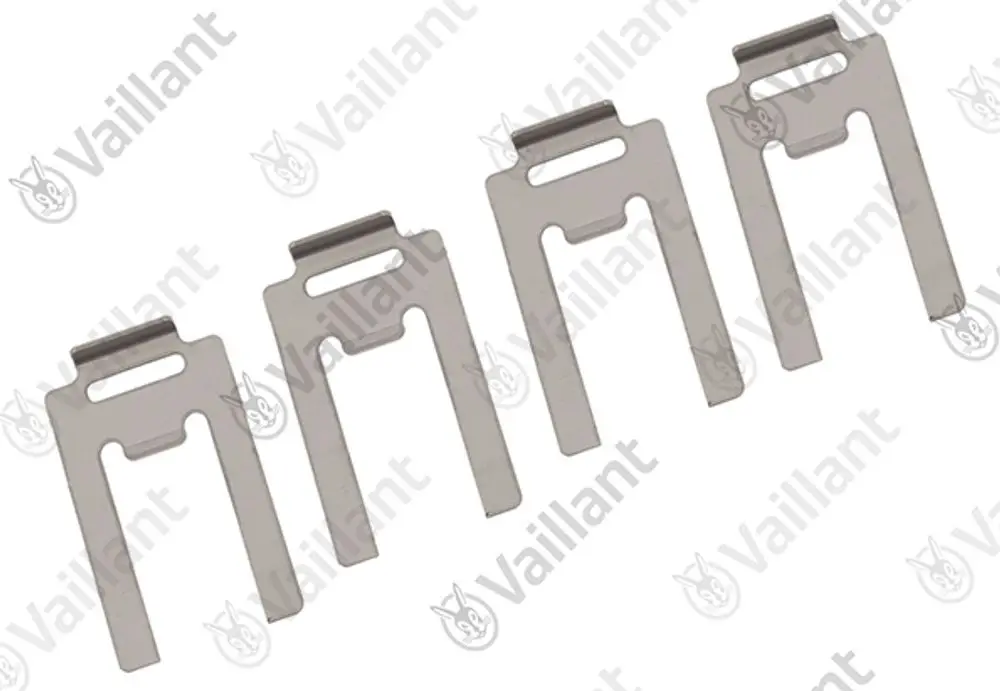 Vaillant Klammern in vier Stück, in silberner Ausführung, mit schmalen Längs- und Queröffnungen zur Montage oder Befestigung.